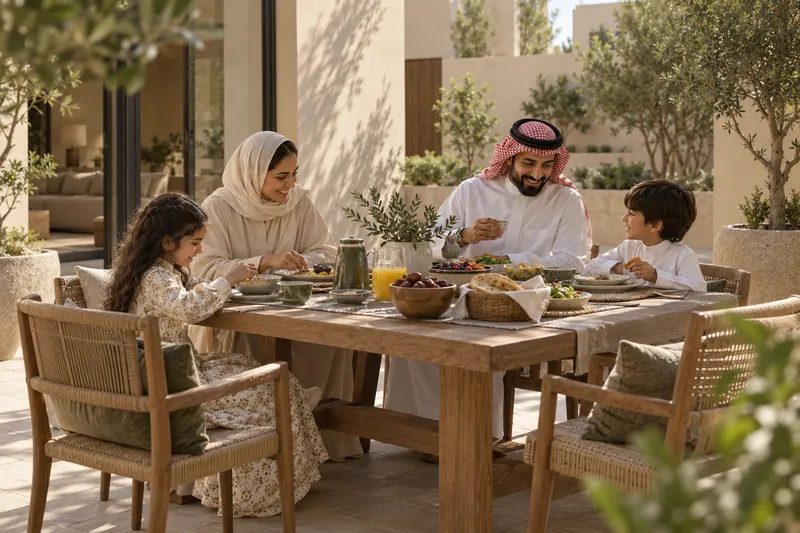 تصوّر لعائلة تتناول الإفطار في فناء المنزل.
