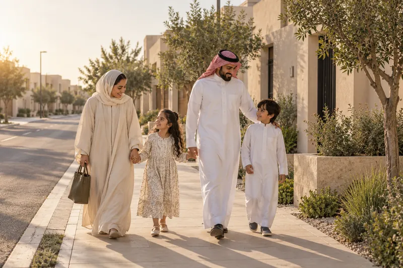 تصوّر لعائلة تمشي في شارع سكني.
