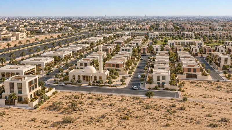 تصوّر جوي منخفض لتطوير مستقبلي محتمل: المنازل الجنوبية وموقع المسجد.