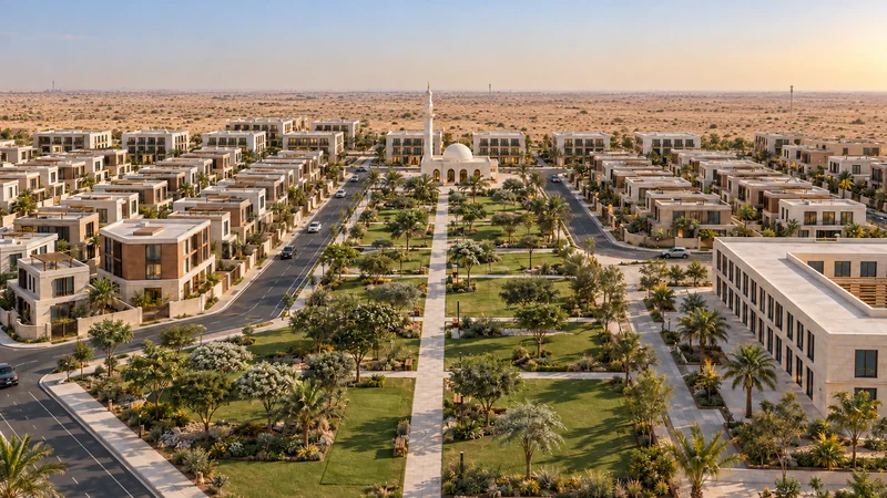 تصوّر جوي منخفض لتطوير مستقبلي محتمل: محور الحديقة والمنازل المحيطة.