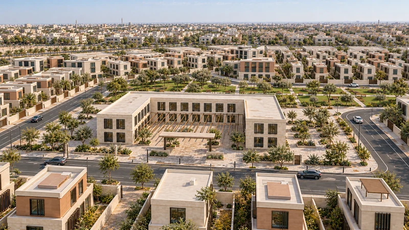 تصوّر جوي منخفض لتطوير مستقبلي محتمل: المرفق التعليمي والمحيط السكني.