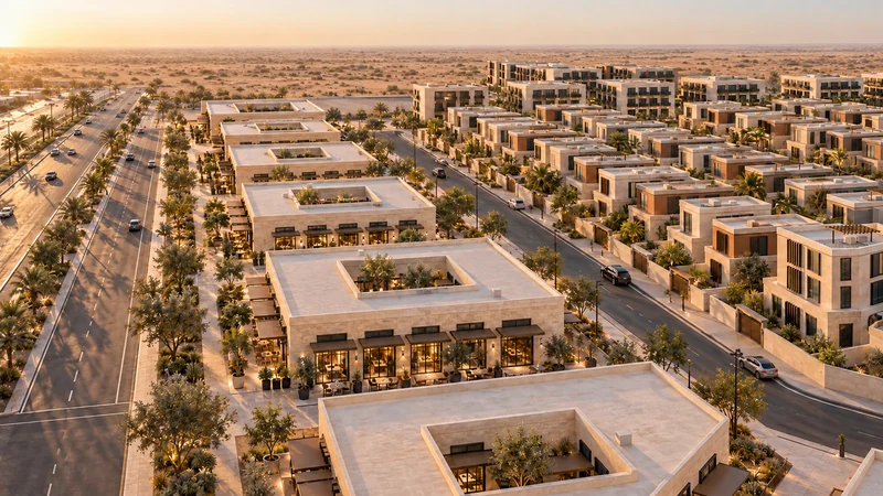 تصوّر جوي منخفض لتطوير مستقبلي محتمل: الواجهات التجارية والشوارع المتصلة.